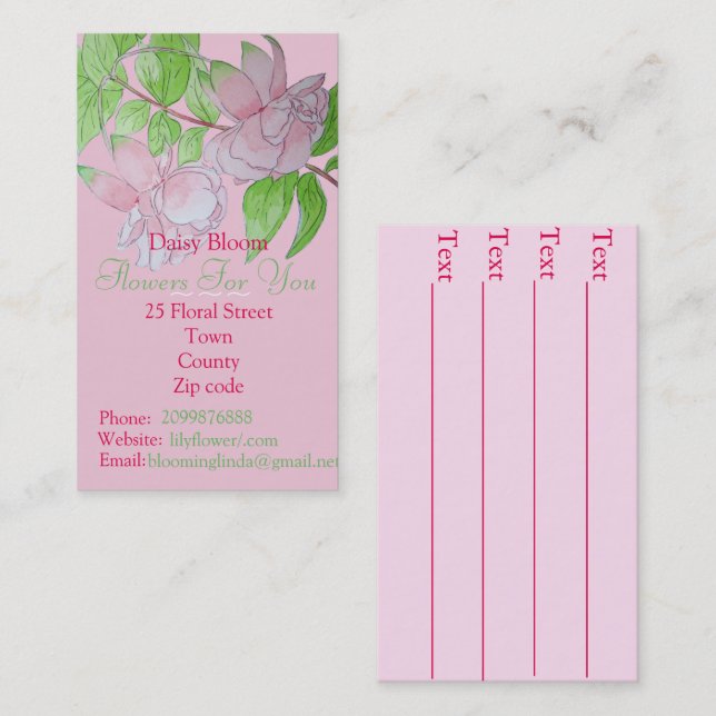 Carte De Visite Flores roses fleuriste feuille (Devant / Derrière)