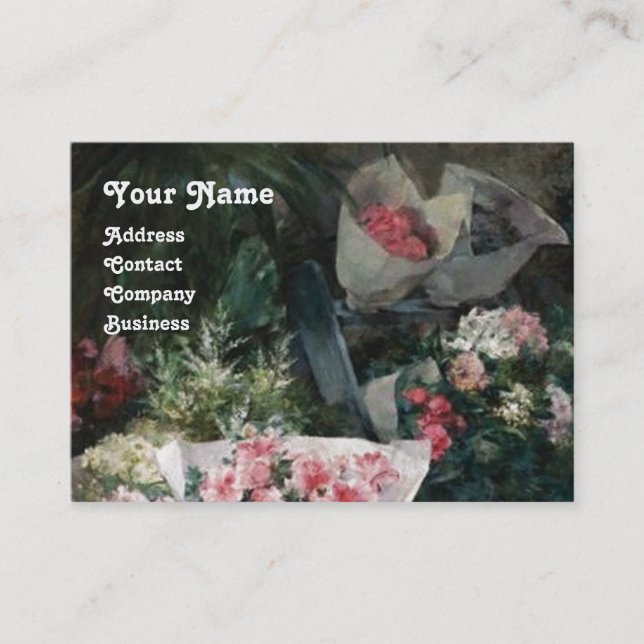 CARTE DE VISITE FLORISTE FABRIQUANT UN BOUQUET AUX FLEURS COLORÉES (Devant)