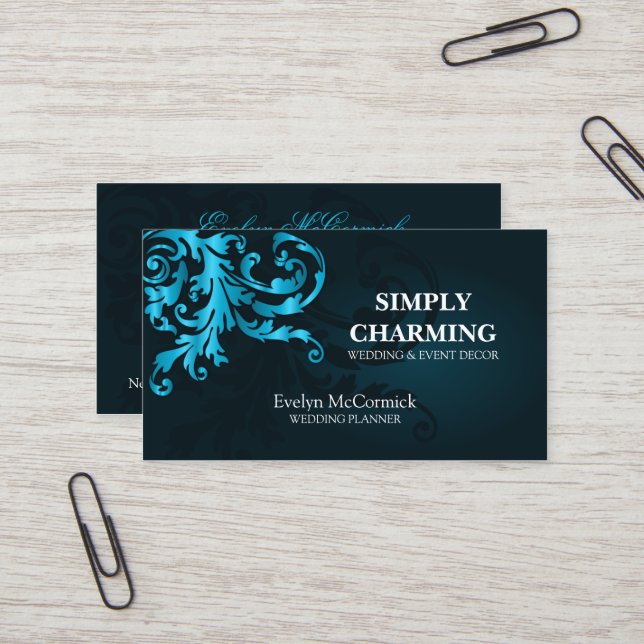 Carte De Visite Flourish élégant de miroitement de turquoise (Devant/Arrière en situation)