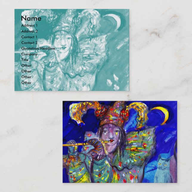 Carte De Visite FLUTISTE EN BLEU / Soirée Carnaval vénitien (Devant / Derrière)