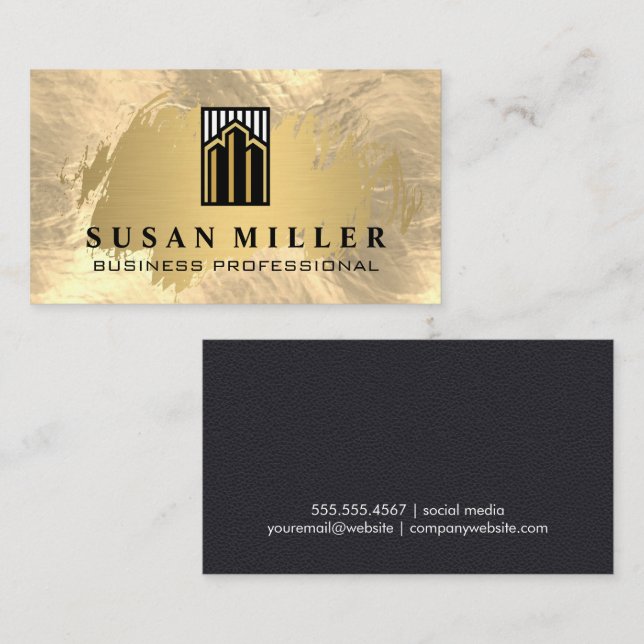 Carte De Visite Fond d'or | Logo des immeubles d'entreprise de lux (Devant / Derrière)