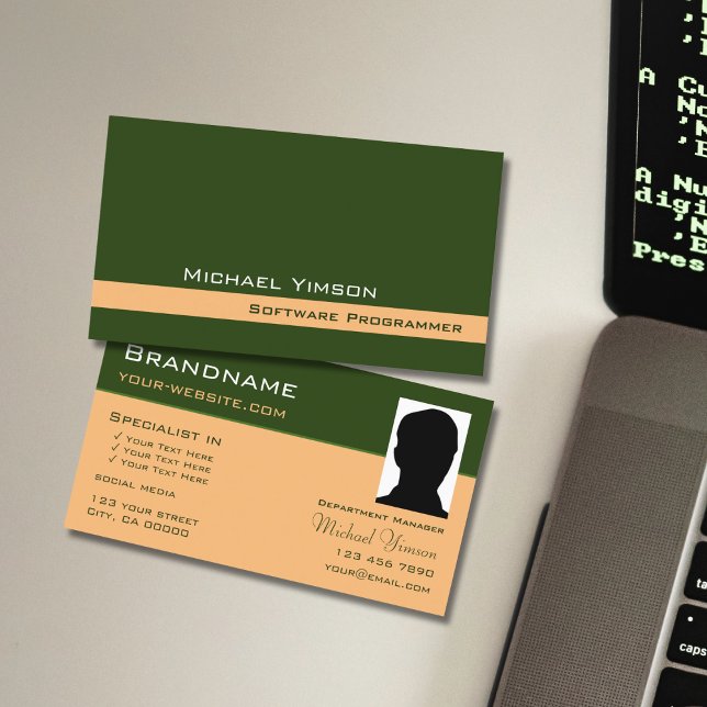 Carte De Visite Forest Green et Peach avec Photo Professional (Créateur téléchargé)