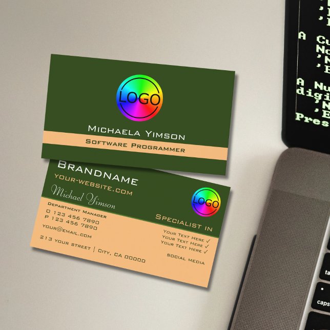 Carte De Visite Forest Green et Peach Chic avec logo professionnel (Créateur téléchargé)