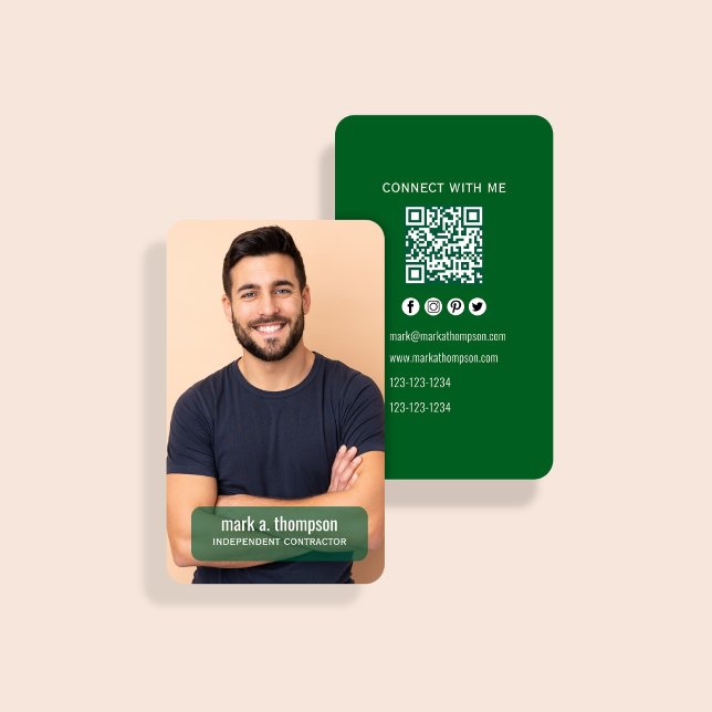 Carte De Visite Forest Green Photo QR Code Connect With Me (Rich green QR code card with photo and clean modern contact layout)