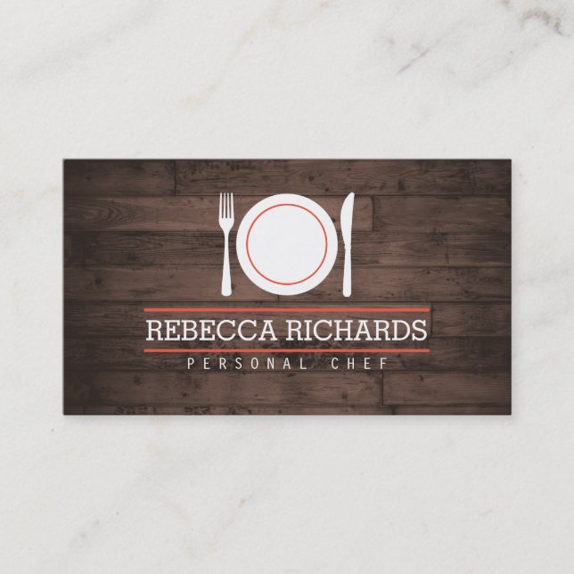 Carte De Visite Fork, Plaque, Couteau Logo sur Bois Rustique (Devant)