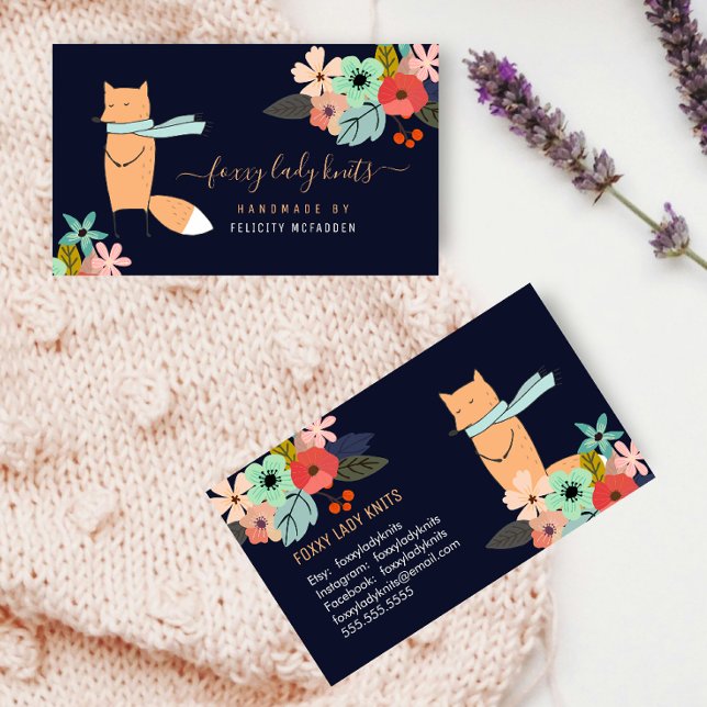 Carte De Visite Fox et Floral Petite entreprise (Fox and floral business card front and back view.)