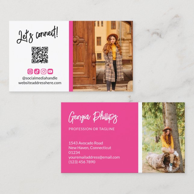 Carte De Visite Français Fuchsia Icônes des médias sociaux QR Code (Devant / Derrière)