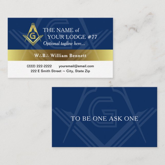 Carte De Visite Freemason Marine Bleu et Gold Masonic (Devant / Derrière)