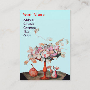 CARTE DE VISITE FRUITS DE SAISON ROSE BLEU, FLEURS, MONOGRAMME FEU