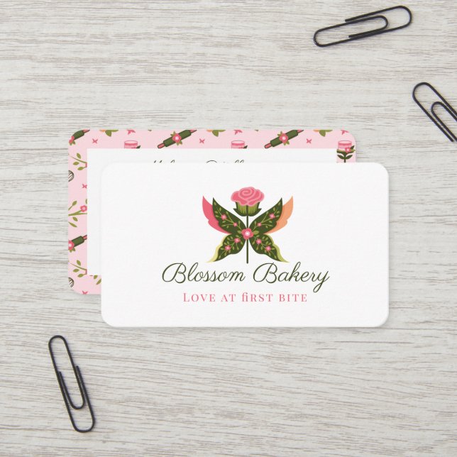 Carte De Visite Fun Papillon Fleur Jardin Floral Boulangerie Cupca (Devant/Arrière en situation)