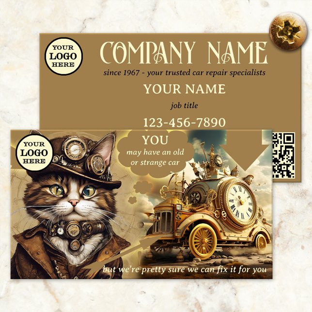 Carte De Visite Funny Mécanique de réparation de voiture Garage (Business card showing a funny and whimsical design with an image of a steampunk cat with odd vehicle)