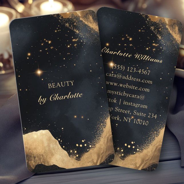 Carte De Visite Galaxie Black & Gold personnalisée (Personalized Black & Gold Galaxy Business Card.Perfect for Tarot reader, Energy Healer, Light Worker)