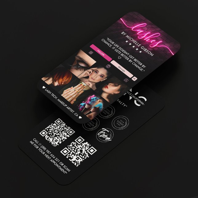 Carte De Visite Gamme d'artistes de maquillage noir rose Lash Tech (Créateur téléchargé)