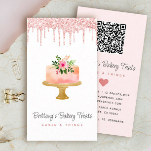 Carte De Visite Gâteau code QR Blush rose paillettes Drips Pâtissi