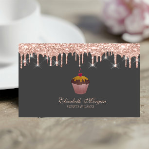 Carte De Visite Gâteau Cupcake Cerise Or Rose Drips Boulangerie