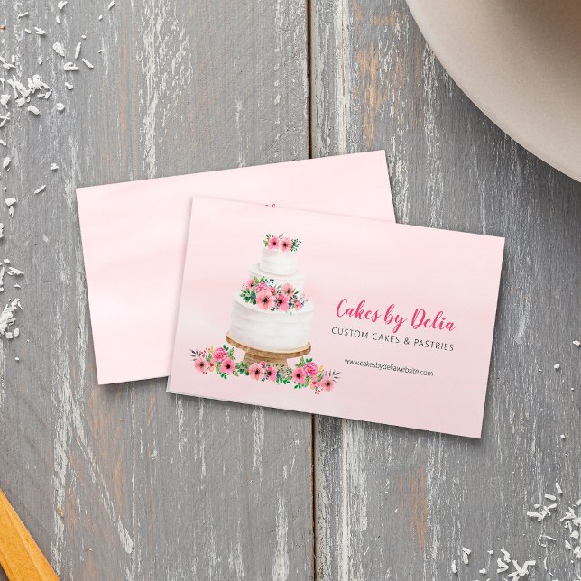 Carte De Visite Gâteau de Mariage Aquarelle Rose (Pink Watercolor Wedding Cake Business Card)