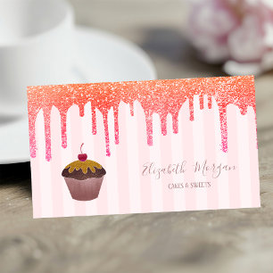 Carte De Visite Gâteau Élégant Rayures Roses Gouttes Cerise