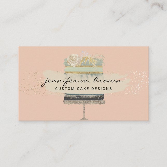 Carte De Visite Gâteau Mariage vert clair sur Arrière - plan rose (Devant)