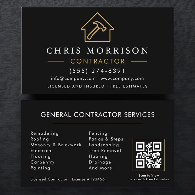 Carte De Visite General Construction Black Gold QR Code (Créateur téléchargé)