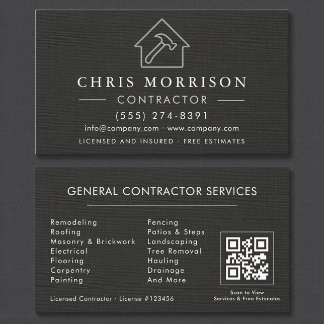 Carte De Visite General Construction Black Silver Linen QR Code (Créateur téléchargé)