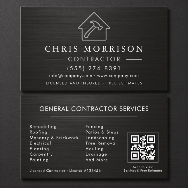 Carte De Visite General Construction Black Silver Metallic QR Code (Créateur téléchargé)