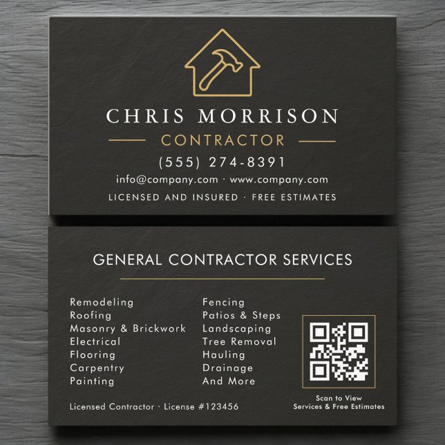 Carte De Visite General Construction Slate Stone.Black QR Code (Créateur téléchargé)