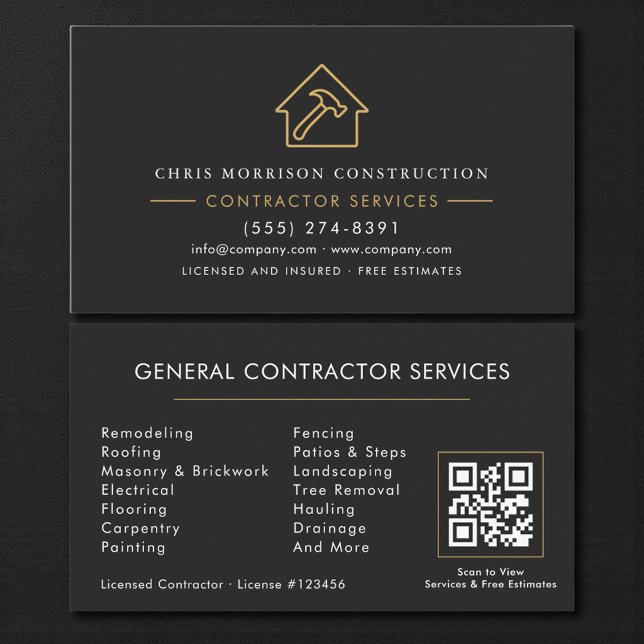 Carte De Visite General Contractor Black Gold QR Code (Créateur téléchargé)