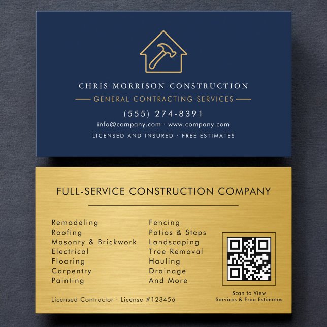 Carte De Visite General Contractor Metallic Gold Navy Blue QR Code (Créateur téléchargé)