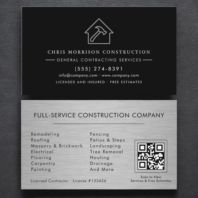 Carte De Visite General Contractor Metallic Industrial QR Code (Créateur téléchargé)