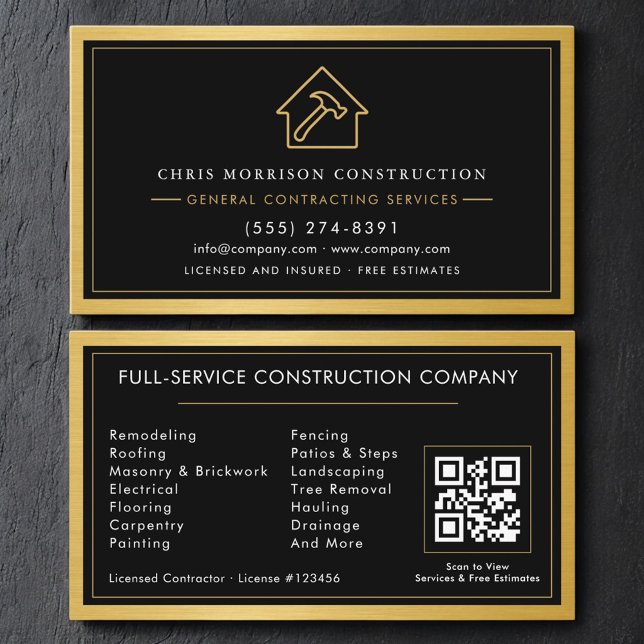 Carte De Visite General Contractor QR Code Black & Gold Metallic (Créateur téléchargé)
