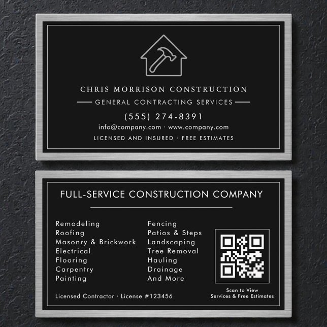 Carte De Visite General Contractor QR Code Industrial Metal (Créateur téléchargé)