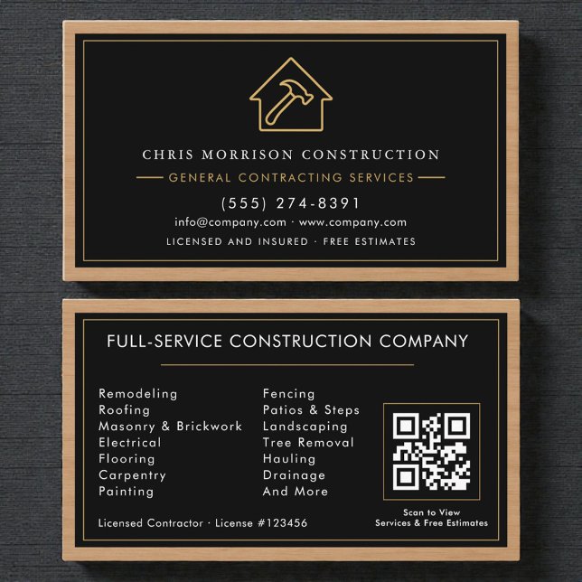 Carte De Visite General Contractor QR Code Wood  (Créateur téléchargé)