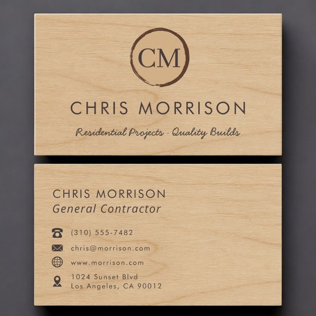 Carte De Visite General Contractor Wood Monogram Professional (Créateur téléchargé)