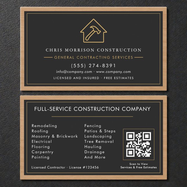 Carte De Visite General Contractor Wood QR Code Black Gold  (Créateur téléchargé)