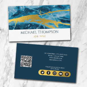 Carte De Visite Géode Agate Blue Gold Social Media QR Code