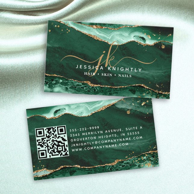 Carte De Visite Géode Agate Vert Monogramme Gold Script (Créateur téléchargé)