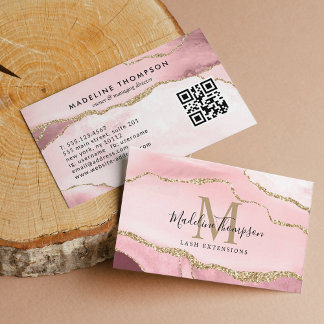 Carte De Visite Géode d'Agate Blush moderne Gold Monogramme QR Cod