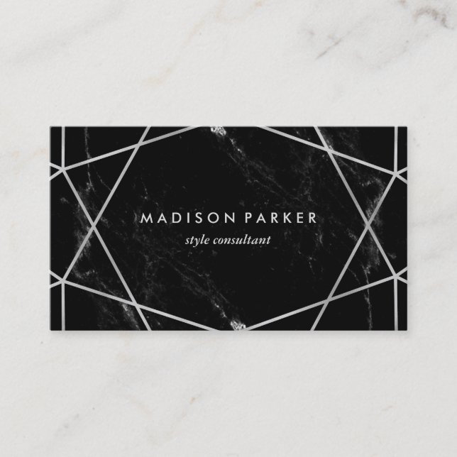 Carte De Visite Géométrique argenté moderne sur le marbre noir (Devant)