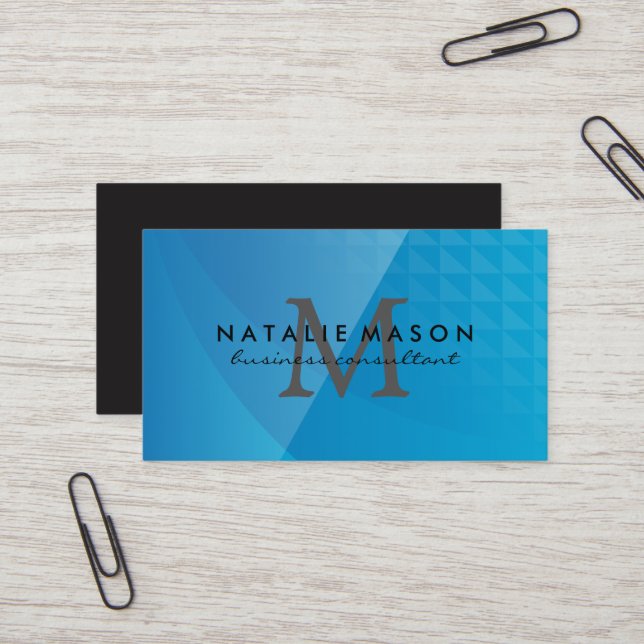 Carte De Visite Géométrique bleue Abstraite | Monogramme (Devant/Arrière en situation)