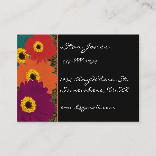 Carte De Visite Gerber Daisies Plum Orange Turquoise Rouge & Lime (Devant)