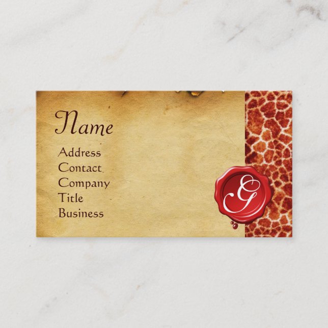 Carte De Visite GIRAFFE PEAU, PARCHEMENT DE SCEAU DE CIRE ROUGE Mo (Devant)