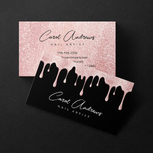 Carte De Visite Glam Black Rose Gold Paillettes Drips Artiste Ongl