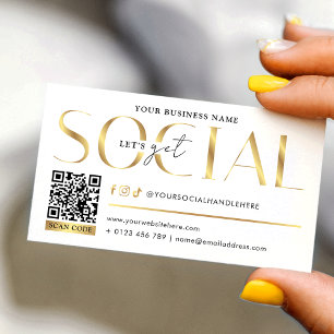 Carte De Visite Glam Blanc & Or Code QR Let's Get Social Media