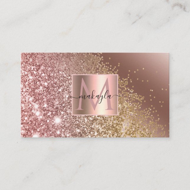 Carte De Visite Glam Girl Rose Gold Gitter Design Nom Monogramme (Devant)