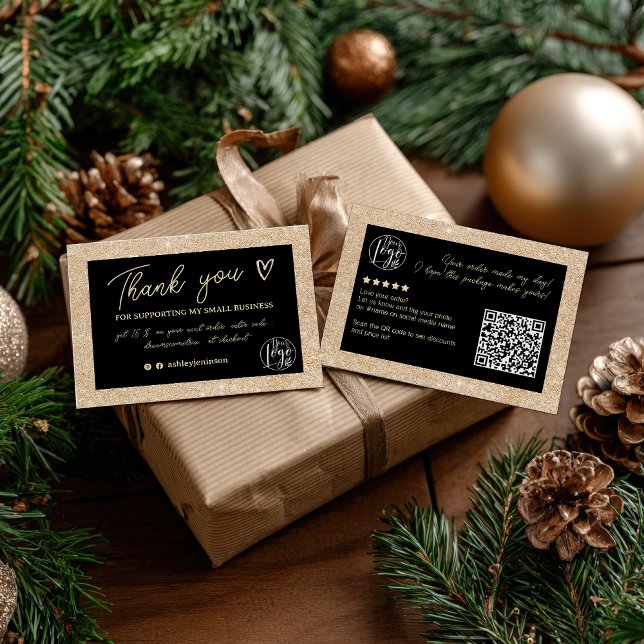 Carte De Visite Glam Gold Parties scintillant noir logo de command (Glam Gold Glitter Black order logo thank you qr Business Card)