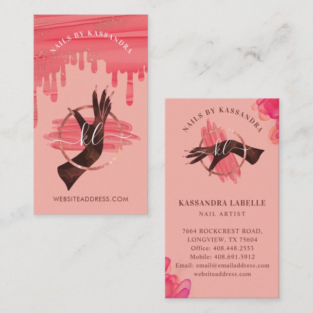 Carte De Visite Glam Pink Nail Art Manicon Salon Script Monogramme (Devant / Derrière)