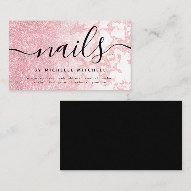 Carte De Visite Glam Rose Gold Parties scintillant Nails en marbre (Devant / Derrière)