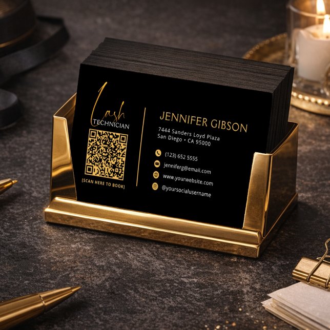 Carte De Visite Glamorous Black & Gold Lash Tech QR Code  (Créateur téléchargé)