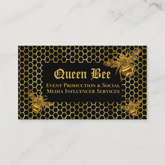 Carte De Visite Glamour Black Gold Queen Bee Événements Influencés (Devant)