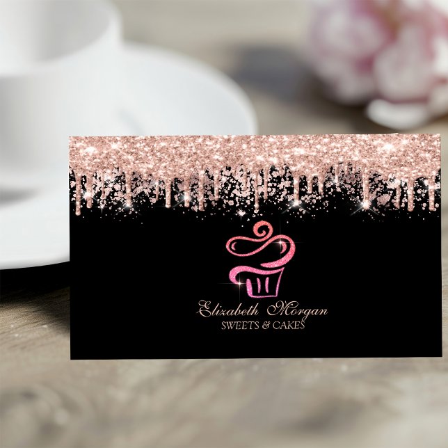 Carte De Visite Glitter Cupcake Rose Gold Drips Bakery Black  (Créateur téléchargé)